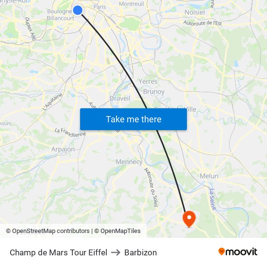 Champ de Mars Tour Eiffel to Barbizon map