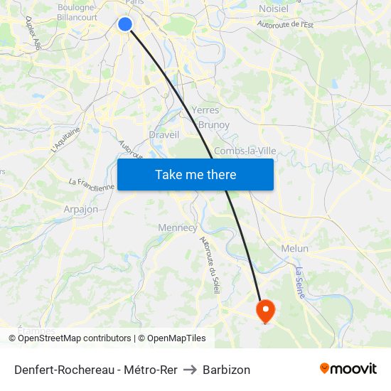 Denfert-Rochereau - Métro-Rer to Barbizon map