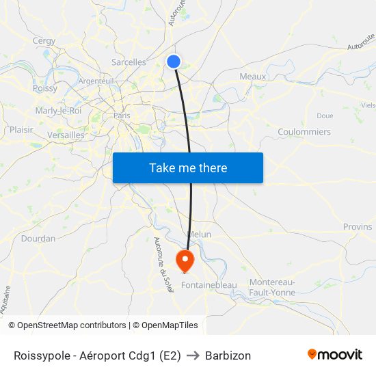 Roissypole - Aéroport Cdg1 (E2) to Barbizon map