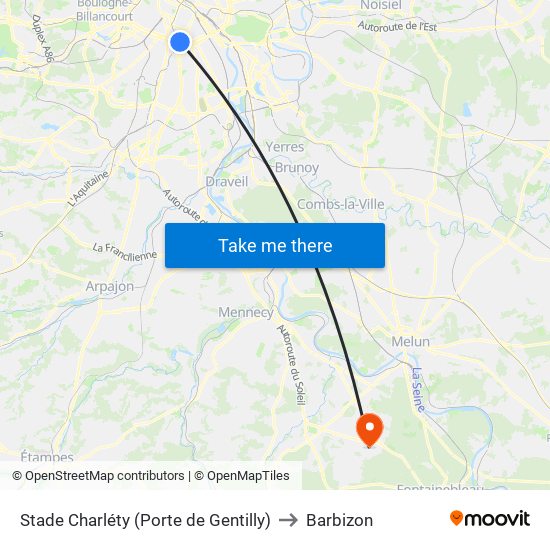 Stade Charléty (Porte de Gentilly) to Barbizon map