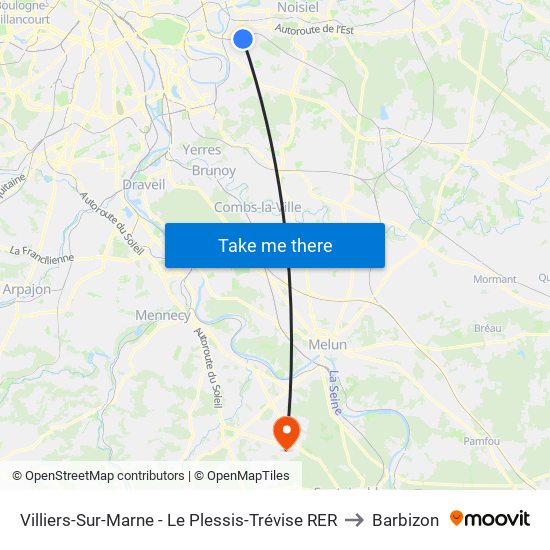 Villiers-Sur-Marne - Le Plessis-Trévise RER to Barbizon map