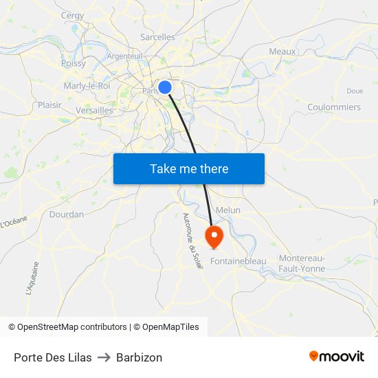 Porte Des Lilas to Barbizon map