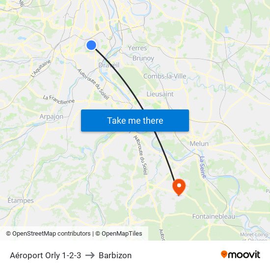 Aéroport Orly 1-2-3 to Barbizon map