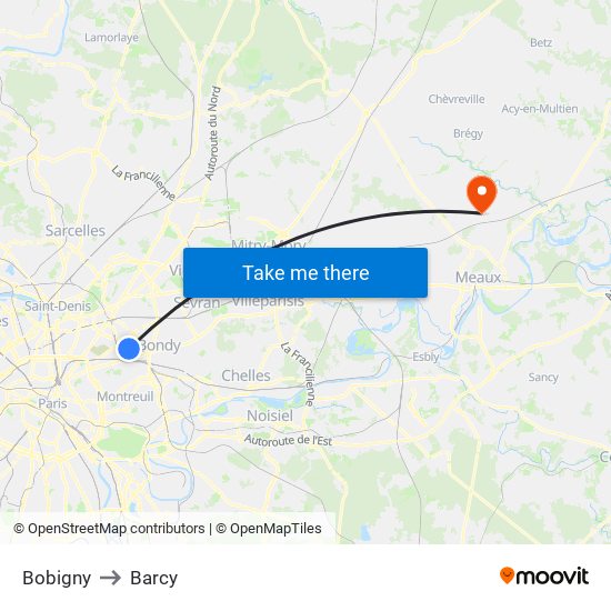 Bobigny to Barcy map