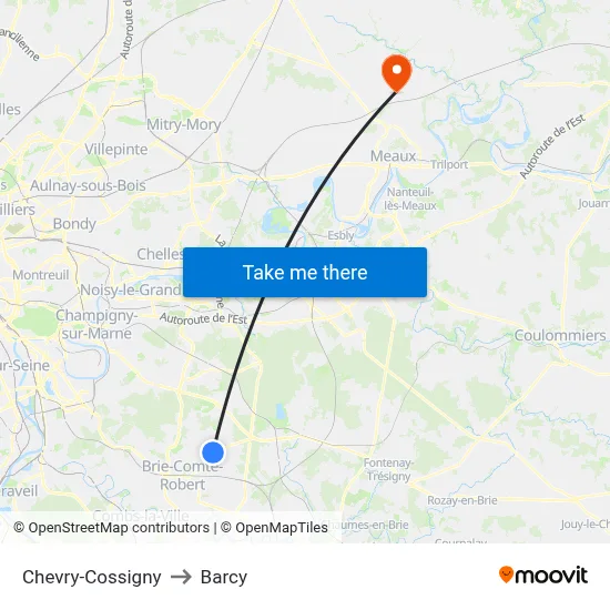 Chevry-Cossigny to Barcy map