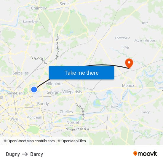 Dugny to Barcy map