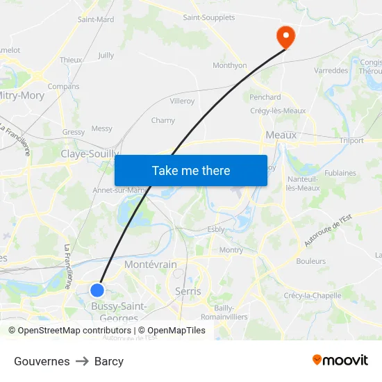 Gouvernes to Barcy map