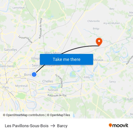 Les Pavillons-Sous-Bois to Barcy map