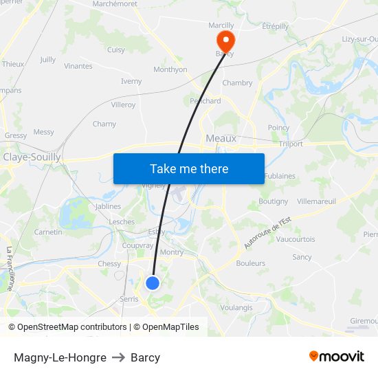 Magny-Le-Hongre to Barcy map