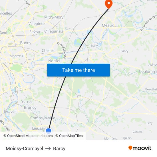 Moissy-Cramayel to Barcy map