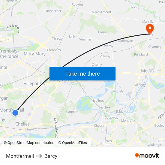 Montfermeil to Barcy map