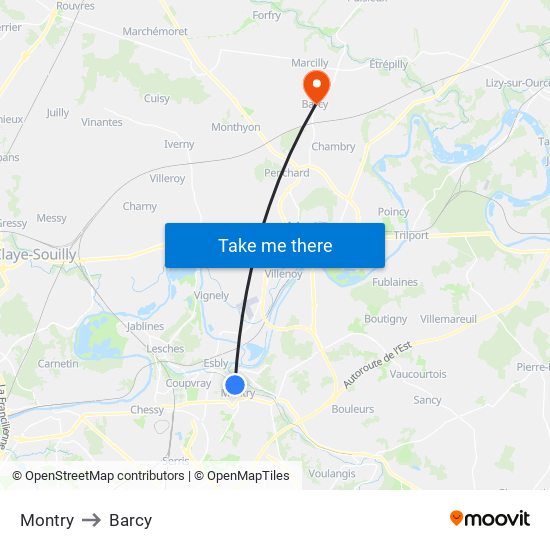 Montry to Barcy map