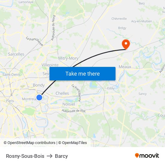 Rosny-Sous-Bois to Barcy map