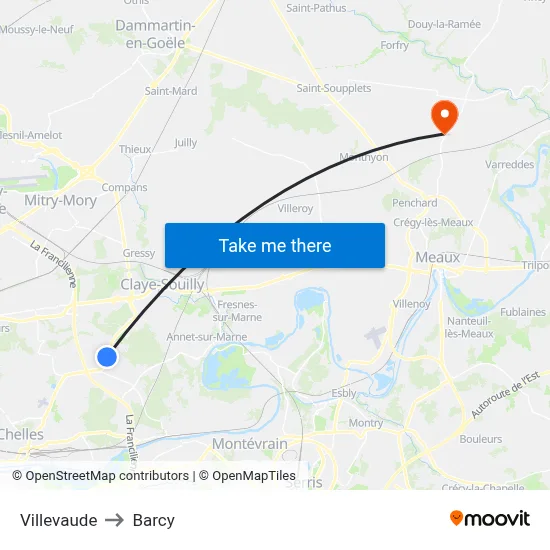 Villevaude to Barcy map