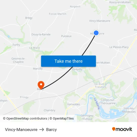 Vincy-Manoeuvre to Barcy map