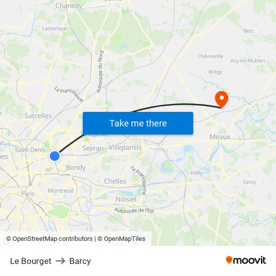 Le Bourget to Barcy map