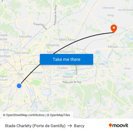 Stade Charléty (Porte de Gentilly) to Barcy map