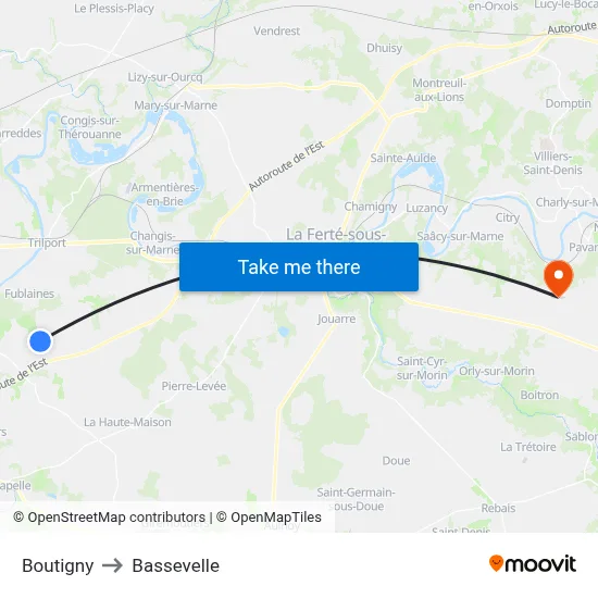 Boutigny to Bassevelle map