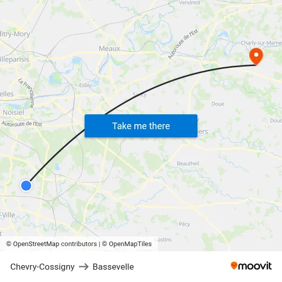 Chevry-Cossigny to Bassevelle map