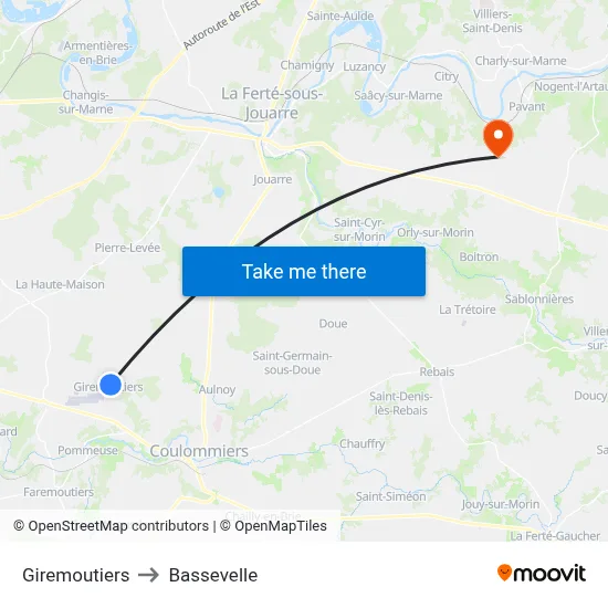 Giremoutiers to Bassevelle map