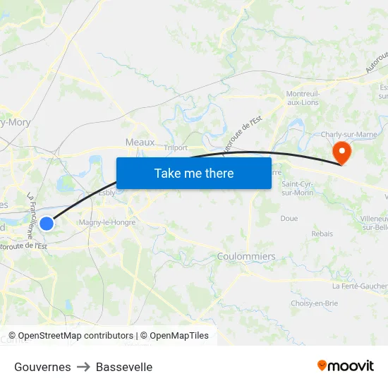 Gouvernes to Bassevelle map