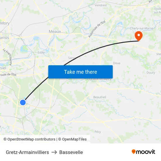 Gretz-Armainvilliers to Bassevelle map