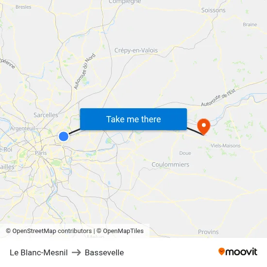 Le Blanc-Mesnil to Bassevelle map