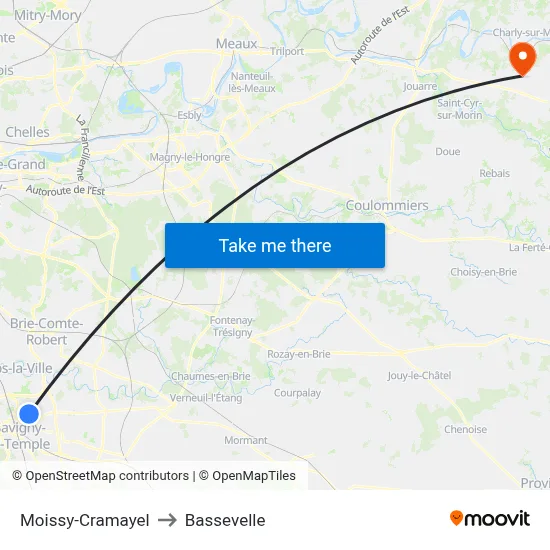 Moissy-Cramayel to Bassevelle map