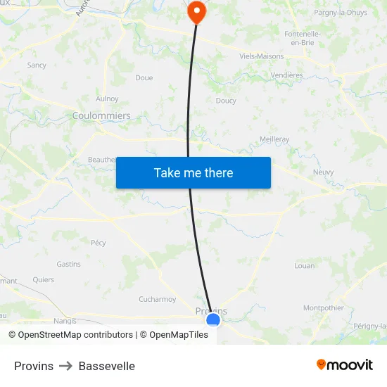 Provins to Bassevelle map