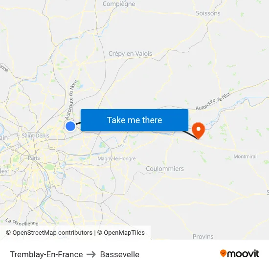 Tremblay-En-France to Bassevelle map