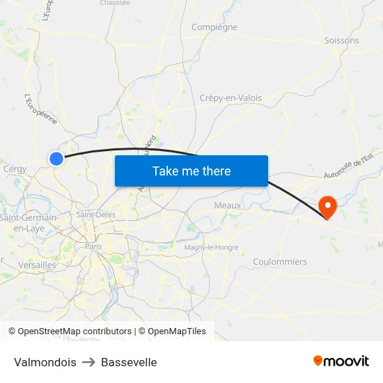 Valmondois to Bassevelle map