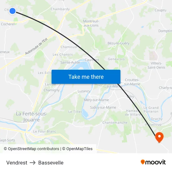 Vendrest to Bassevelle map