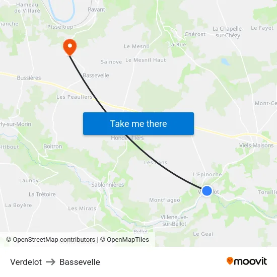 Verdelot to Bassevelle map