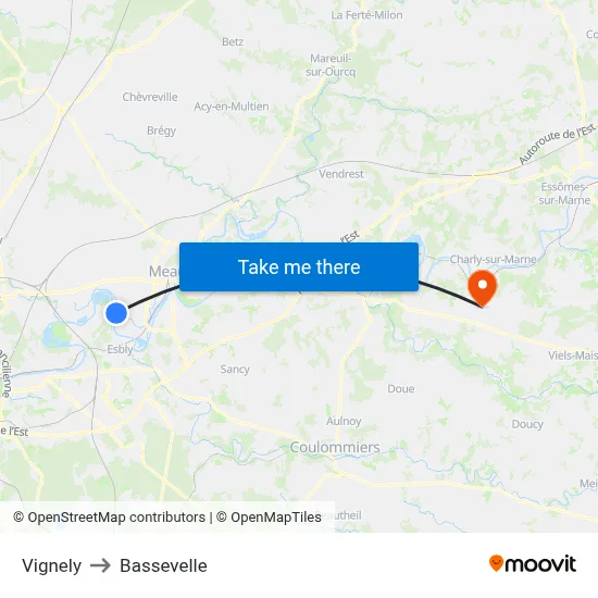 Vignely to Bassevelle map