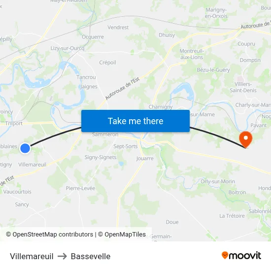 Villemareuil to Bassevelle map