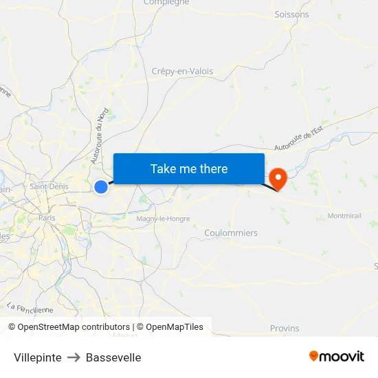 Villepinte to Bassevelle map