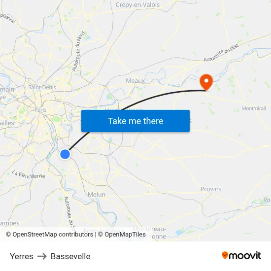 Yerres to Bassevelle map