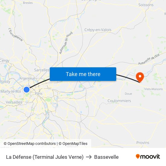 La Défense (Terminal Jules Verne) to Bassevelle map