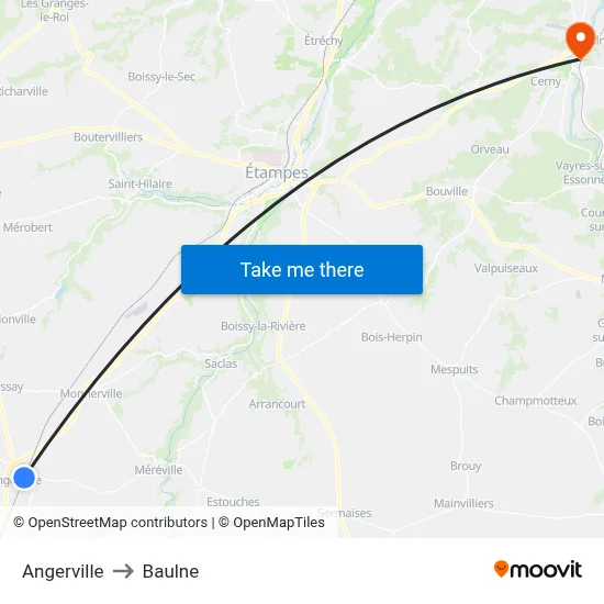 Angerville to Baulne map