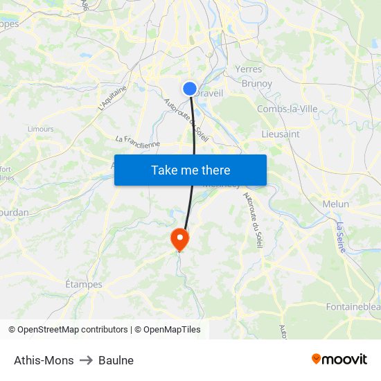 Athis-Mons to Baulne map