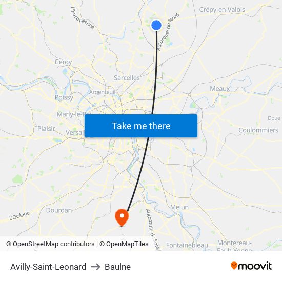 Avilly-Saint-Leonard to Baulne map