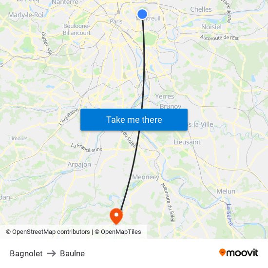 Bagnolet to Baulne map