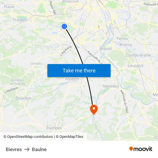 Bievres to Baulne map