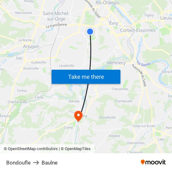 Bondoufle to Baulne map