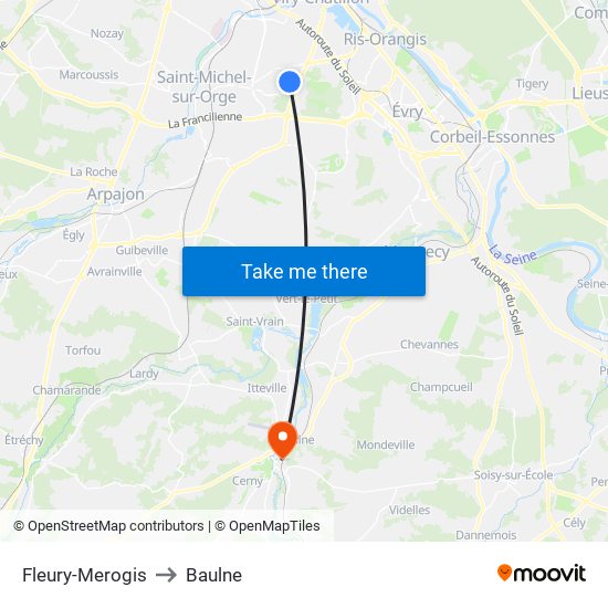 Fleury-Merogis to Baulne map