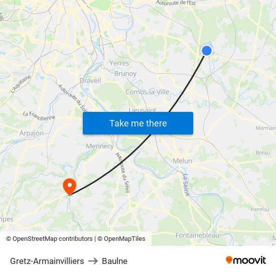 Gretz-Armainvilliers to Baulne map