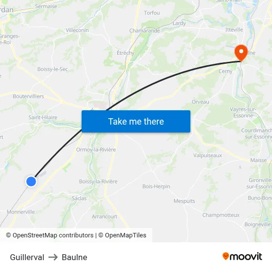 Guillerval to Baulne map