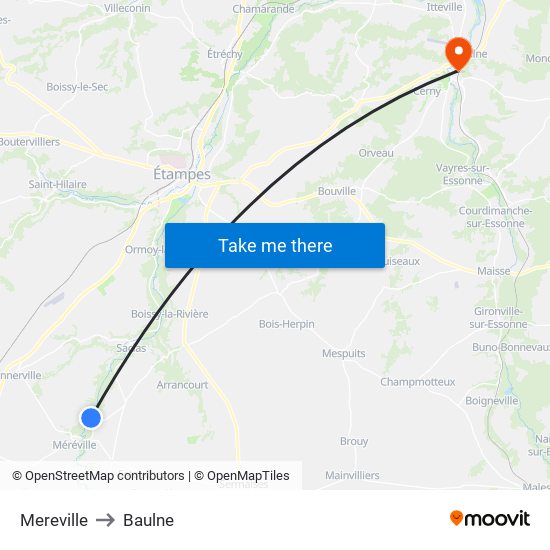 Mereville to Baulne map