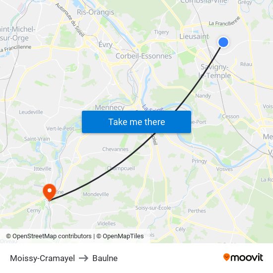 Moissy-Cramayel to Baulne map