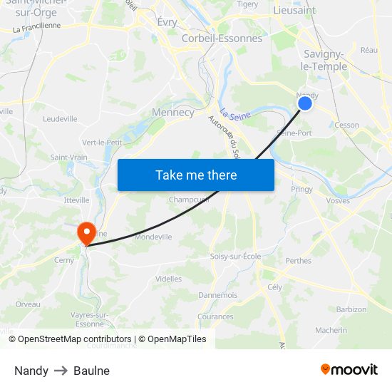 Nandy to Baulne map
